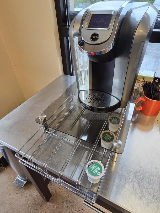 NICE!! Keurig Coffee Machine With Glass Stand & Sliding Metal Drawer K-Cup Organizer. - Image 1 of 1