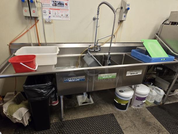 Advance Tabco FC-3-1824-24RL stainless steel sink, three compartments, two drainboards, 102", includes pre-wash sprayer.