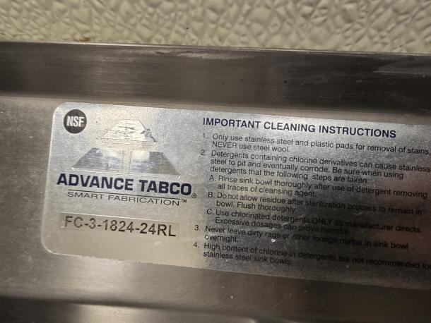 Advance Tabco FC-3-1824-24RL stainless steel commercial sink tag, displaying model and cleaning instructions.