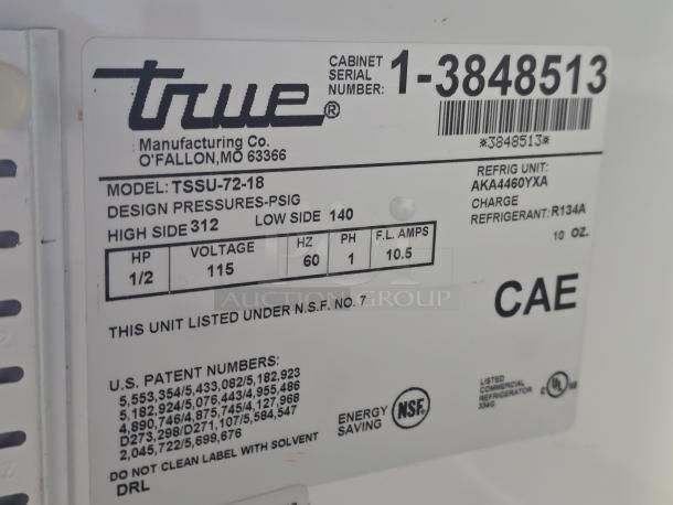 LIKE NEW!! True TSSU-72-18 72 3/8" 3 Door Refrigerated Sandwich Prep Table	On Commercial Casters, 115 Volts	7.2 Amps	1 Phase!! IN PERFECT WORKING ORDER!! S/N: 3848513 - Image 3 of 3