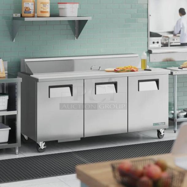 LIKE NEW!! True TSSU-72-18 72 3/8" 3 Door Refrigerated Sandwich Prep Table	On Commercial Casters, 115 Volts	7.2 Amps	1 Phase!! IN PERFECT WORKING ORDER!! S/N: 3752038 - Image 1 of 3