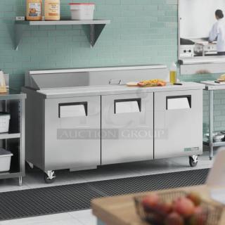 LIKE NEW!! True TSSU-72-18 72 3/8" 3 Door Refrigerated Sandwich Prep Table	On Commercial Casters, 115 Volts	7.2 Amps	1 Phase!! IN PERFECT WORKING ORDER!! S/N: 3752038