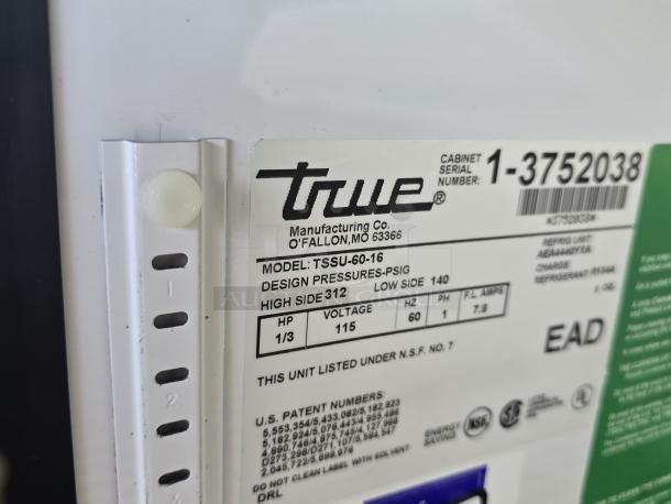 LIKE NEW!! True TSSU-72-18 72 3/8" 3 Door Refrigerated Sandwich Prep Table	On Commercial Casters, 115 Volts	7.2 Amps	1 Phase!! IN PERFECT WORKING ORDER!! S/N: 3752038 - Image 3 of 3