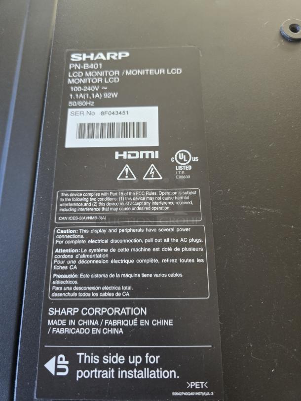 Sharp PN-B401K 40" Commercial Display LCD Monitor with Wall Mount. S/N: 8F043451. Monitor Can Be Installed In Either Portrait, Landscape Mode, Face-Up Or Even Face-Down Applications. See photos for examples. Features: Digital Signage Display - 39.5 Lcd Cortex A17 - 2 Gb - 1920 X 1080 - Edge Led - 300 Nit - 1080p - Hdmi - Usb - Serialethernet - Black - Image 2 of 7