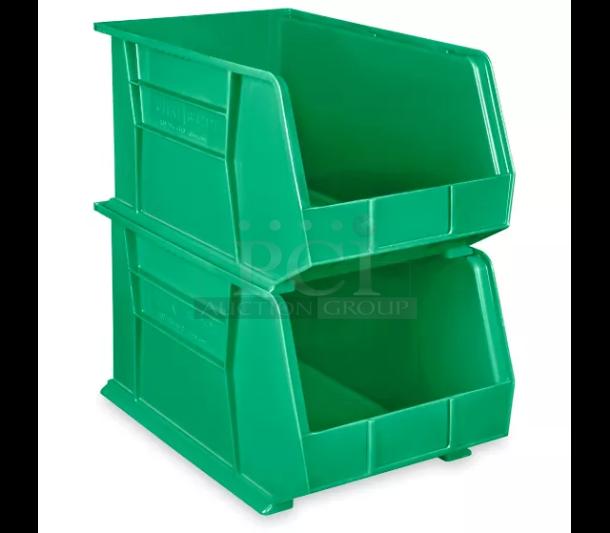 STACKABLE!! ULINE S-12421G Plastic Stackable Bins - 18 x 11 x 10", Green. Features: Back lip securely mounts compatible with bench rack or wall rack (not included). 8x Your Bid - Image 1 of 3