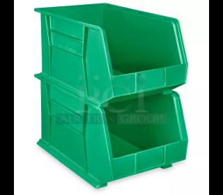 STACKABLE!! ULINE S-12421G Plastic Stackable Bins - 18 x 11 x 10", Green. Features: Back lip securely mounts compatible with bench rack or wall rack (not included). 8x Your Bid