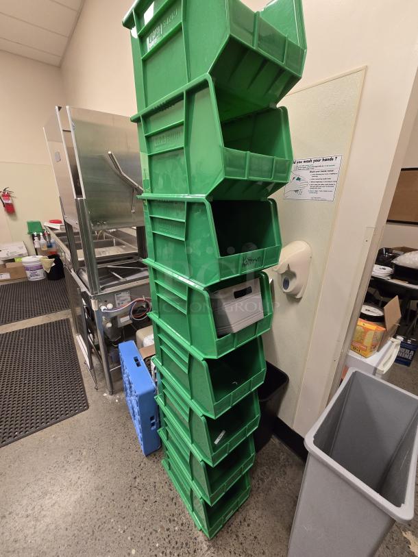 STACKABLE!! ULINE S-12421G Plastic Stackable Bins - 18 x 11 x 10", Green. Features: Back lip securely mounts compatible with bench rack or wall rack (not included). 8x Your Bid - Image 2 of 3