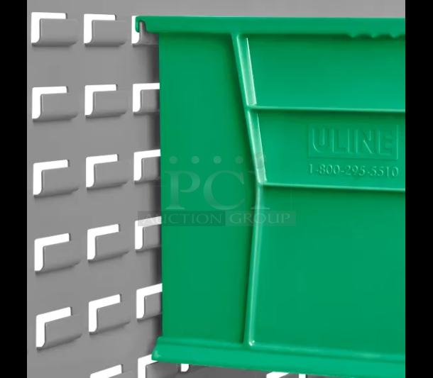 STACKABLE!! ULINE S-12421G Plastic Stackable Bins - 18 x 11 x 10", Green. Features: Back lip securely mounts compatible with bench rack or wall rack (not included). 8x Your Bid - Image 3 of 3