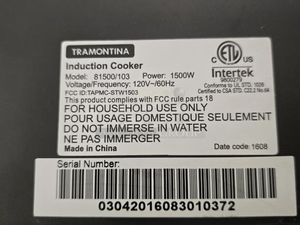 Tramontina 81500/103 Induction Cooker . S/N: 03042016083010372 - Image 2 of 2