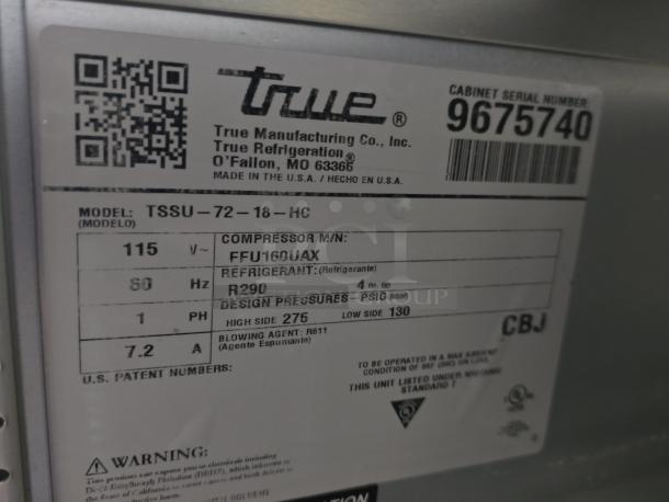 LIKE NEW!! True True TSSU-72-18-HC 72 3/8" 3 Door Refrigerated Sandwich Prep Table, 115 Volts	7.2 Amps	1 Phase. IN PERFECT WORKING ORDER!! S/N: 9675740. - Image 2 of 2