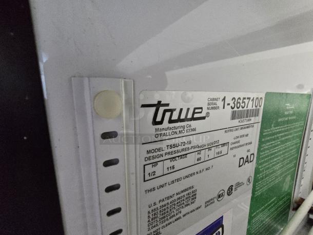 LIKE NEW!! True TSSU-72-18 72 3/8" 3 Door Refrigerated Sandwich Prep Table, 115 Volts	7.2 Amps	1 Phase. IN PERFECT WORKING ORDER! S/N: 3657100 - Image 2 of 2