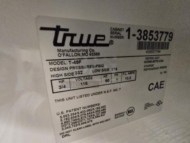 LIKE NEW CONDITION!! True T-49F 54 1/8" Solid Door Reach-In Freezer, 115 Volts	9.6 Amps	1 Phase. IN PERFECT WORKING ORDER!!  S/N: 3853779 - Image 2 of 2