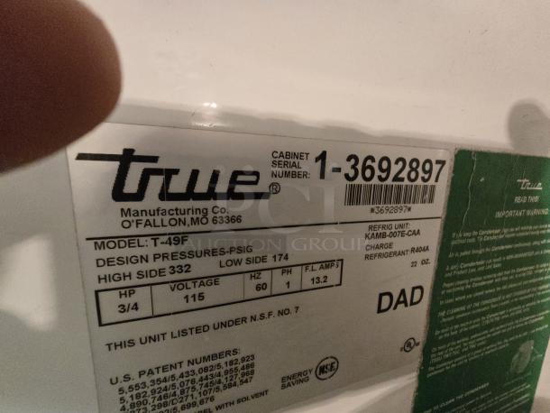 LIKE NEW CONDITION!! True T-49F 54 1/8" Solid Door Reach-In Freezer, 115 Volts	9.6 Amps	1 Phase. IN PERFECT WORKING ORDER!!  S/N: 3692897 - Image 2 of 2
