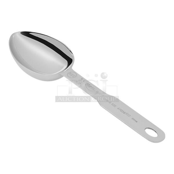 Vollrath 47056 stainless steel measuring scoop, 1/4 cup, blue banding, engraved markings, 18-8 S/S, new condition.