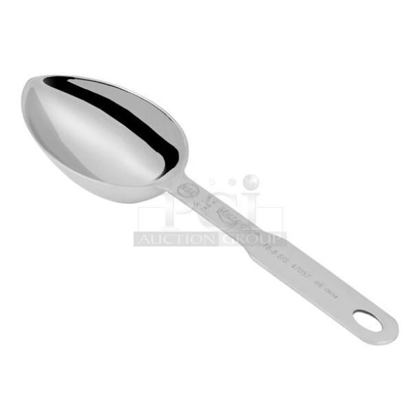 Vollrath 47057 1/3 cup stainless steel measuring scoop with yellow band, durable finish, and clear measurement markings.