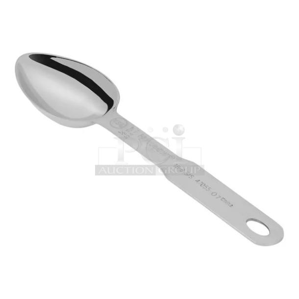 Vollrath 47055 stainless steel 1/8 cup measuring scoop with purple banding, durable, precision tool for kitchen use.