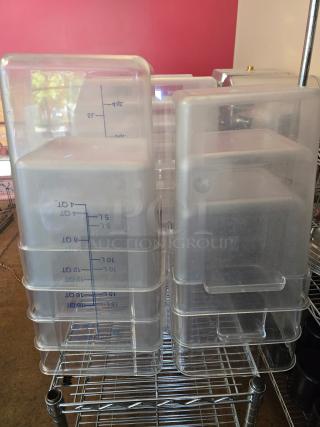 Three Cambro 7.5qt clear food containers with volume markings, stacked in good condition on wire rack.