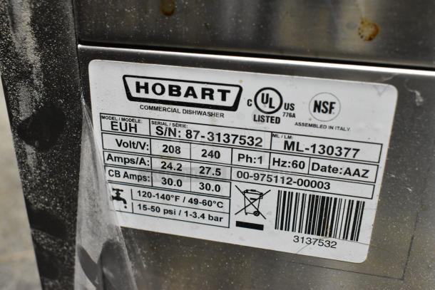 BRAND NEW SCRATCH AND DENT! 2023 Hobart EUH Stainless Steel Commercial Hi Temp High Temperature Undercounter Dishwashing Machine. 208-240 Volts, 1 Phase. - Image 8 of 8
