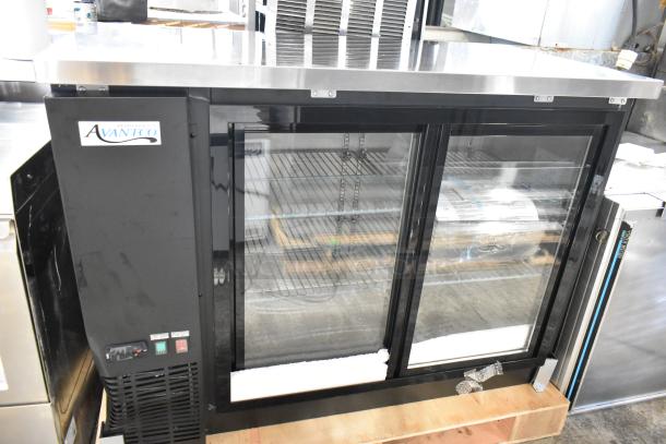 BRAND NEW SCRATCH AND DENT! 2025 Avantco 178UBB48SHC 48" Black Counter Height Narrow Sliding Glass Door Back Bar Refrigerator with LED Lighting. 115 Volts, 1 Phase. - Image 1 of 6
