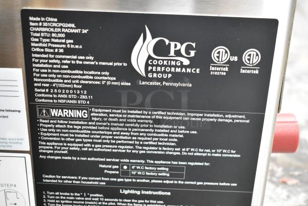 BRAND NEW SCRATCH AND DENT! 2025 Cooking Performance Group 351CRCPG24NL CR-CPG-24-NL 24" Natural Gas Countertop Radiant Charbroiler.  80,000 BTU - Image 6 of 6