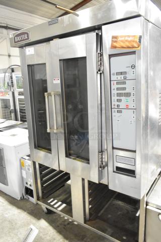 Baxter OV300G Stainless Steel Commercial Natural Gas Powered Mini Rotating Rack Oven w/ Dual Pan Rack on Commercial Casters. 95,000 BTU.