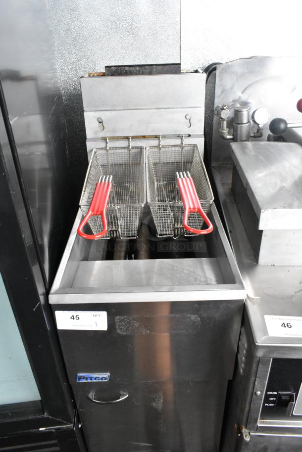 2019 Pitco Frialator 35C Stainless Steel Commercial Floor Style Natural Gas Powered Deep Fat Fryer w/ 2 Metal Fry Baskets. 90,000 BTU. - Image 1 of 4