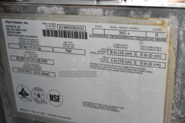 2019 Pitco Frialator 35C Stainless Steel Commercial Floor Style Natural Gas Powered Deep Fat Fryer w/ 2 Metal Fry Baskets. 90,000 BTU. - Image 4 of 4