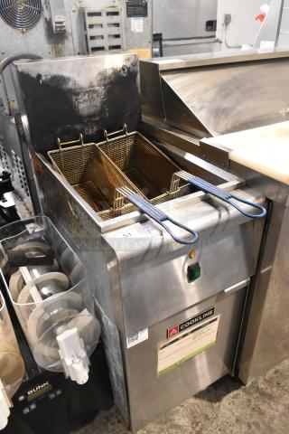 2022 Cookline CZ-40E Stainless Steel Commercial Floor Style Electric Powered Deep Fat Fryer w/ 2 Metal Fry Baskets. 240 Volts, 3 Phase.