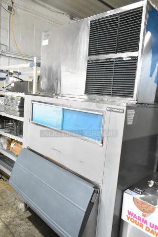 Hoshizaki KM-1601SWH Stainless Steel Commercial Ice Head on Scotsman BH1356E Commercial Ice Bin. 208-230 Volts, 1 Phase.
