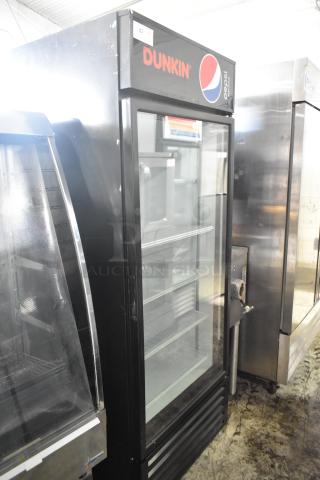 Criotec CFX-26 commercial single door cooler merchandiser, glass front, adjustable shelves, Dunkin' branding, used condition.