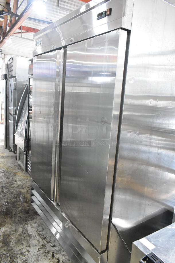 Avantco 178SS4FHC Stainless Steel Commercial 2 Door Reach In Freezer w/ Poly Coated Racks on Commercial Casters. - Image 1 of 9