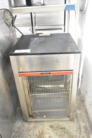 Hatco FDW-1X metal heated display cabinet, 120V, single phase, visible "Caution: Hot" label, stainless steel finish.