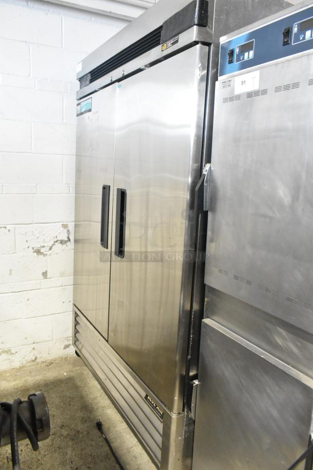 Blue Air BASR2 stainless steel commercial reach-in cooler, 2 doors, on casters, 115V, 1 phase, visible wear.