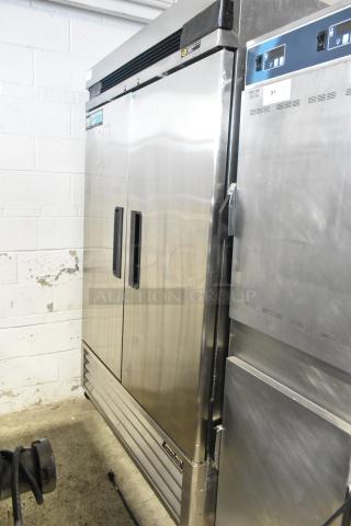 Blue Air BASR2 stainless steel commercial reach-in cooler, 2 doors, on casters, 115V, 1 phase, visible wear.
