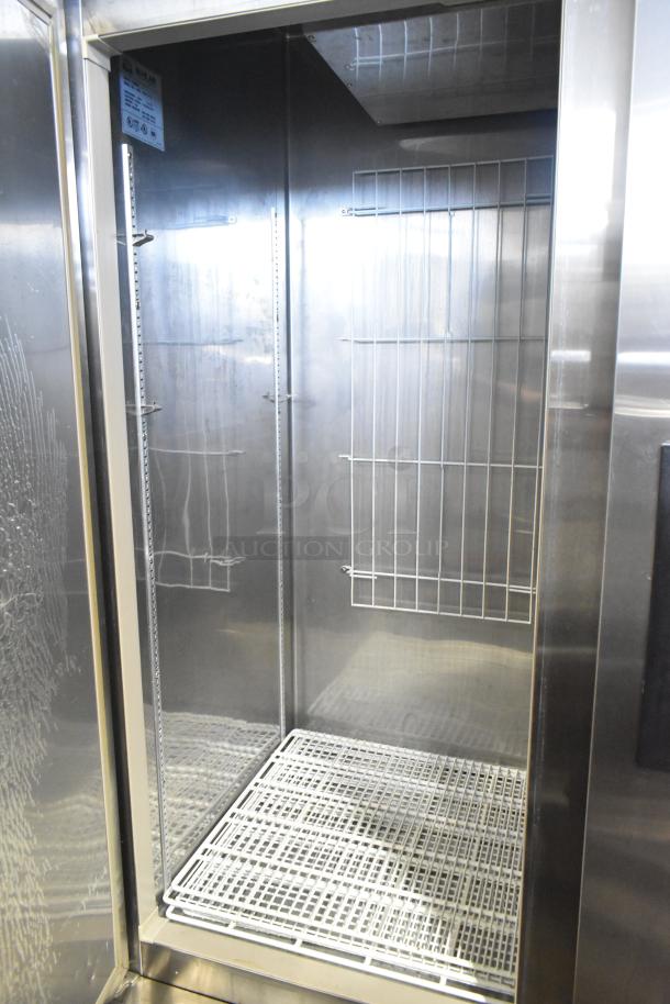 Blue Air BASR2 stainless steel commercial 2 door reach-in cooler with shelves, on casters. 115 Volts, 1 Phase.