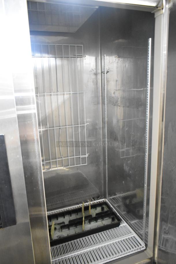 Blue Air BASR2 stainless steel commercial 2-door reach-in cooler interior. Features commercial casters, 115V, 1-phase.