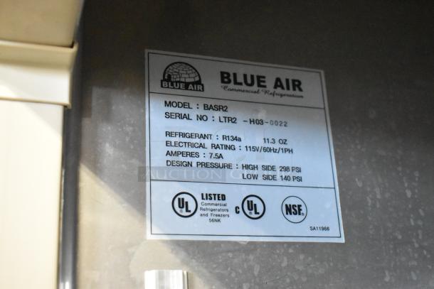 Blue Air BASR2 stainless steel commercial 2-door reach-in cooler label, showing model, voltage, and UL certification.