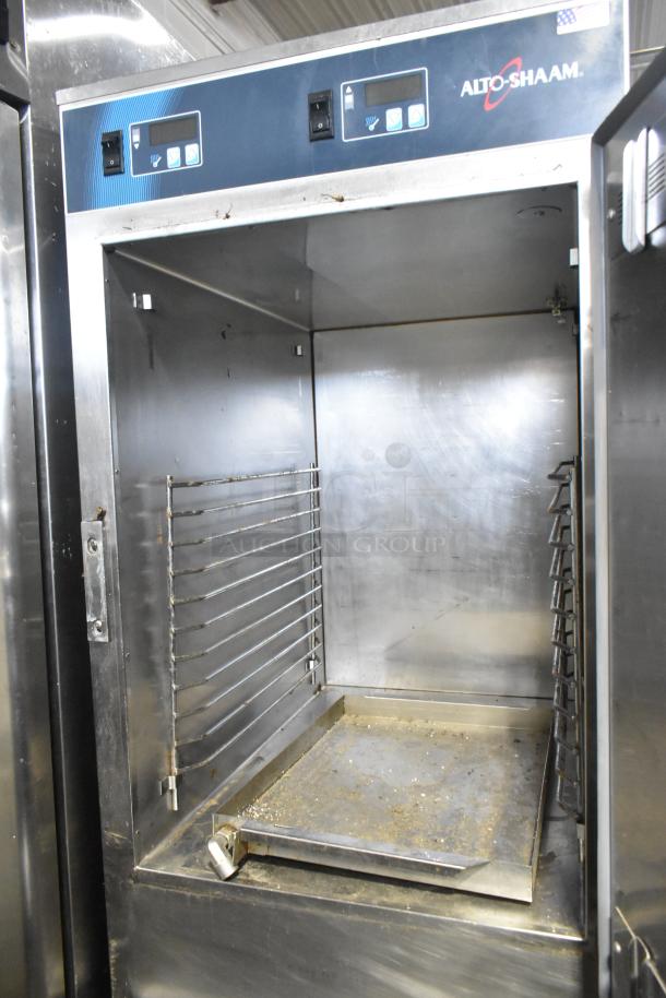 Alto Shaam 1000-UP Halo Heat stainless steel heated holding cabinet on casters. 120V, 1 phase. Interior shows wear.
