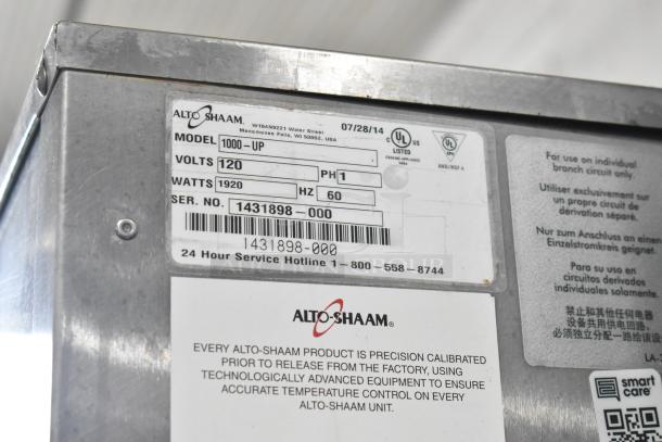 Alto Shaam Model 1000-UP stainless steel heated holding cabinet label, 120V, 1 phase, serial 1431898-000.