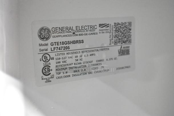 General Electric GTE18GSHBRSS stainless steel cooler, free-standing model with freezer, 115 volts, 1 phase.