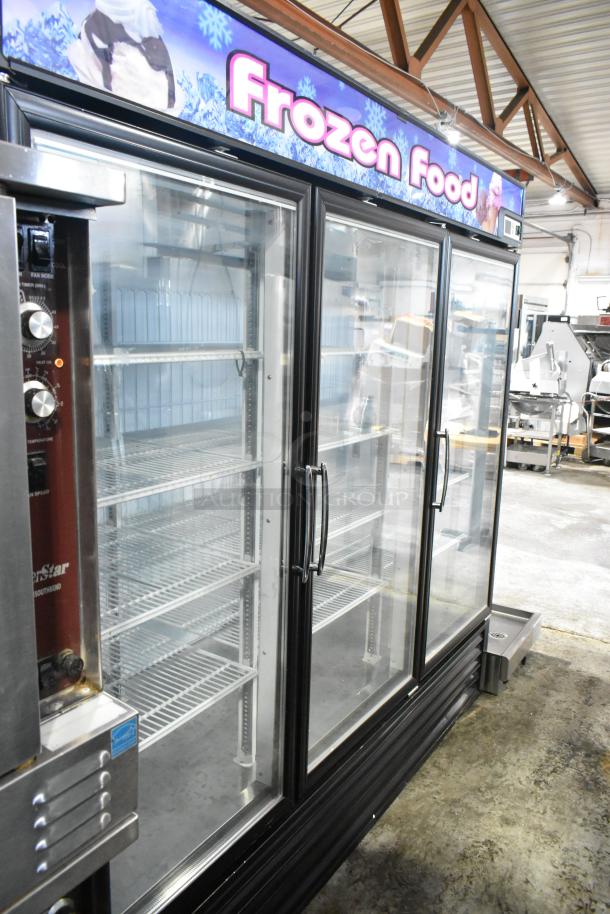 Turbo Air TGF-72FB commercial 3-door reach-in freezer merchandiser with poly-coated racks, 115/220-240V, 1 phase.