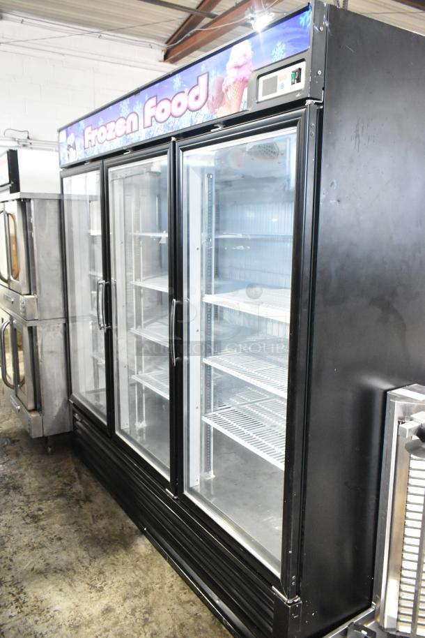 Turbo Air TGF-72FB commercial 3-door reach-in freezer with poly-coated racks, signage, 115/220-240 volts, 1 phase.