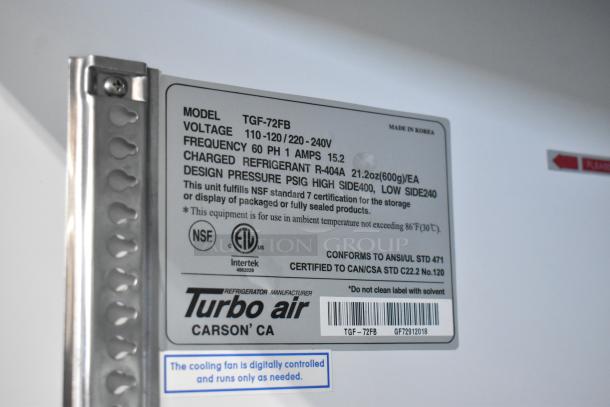 Turbo Air TGF-72FB label, showing voltage (115/220-240V), phase, refrigerant type R-404A, and certification marks.
