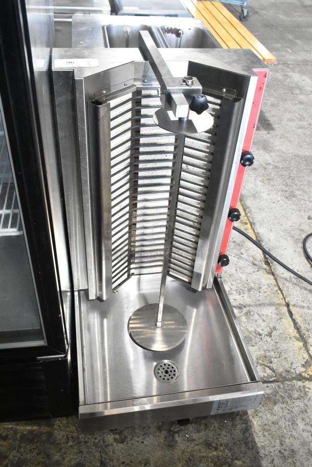 2024 Cookline 4E stainless steel gyro machine, electric, 240V, countertop model, clean, with control knobs and drip tray.