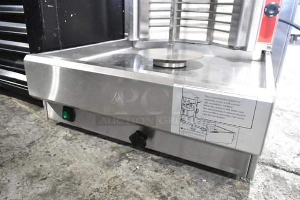 2024 Cookline 4E stainless steel electric gyro machine, 240V, countertop model. Features control knob and safety guidelines label.