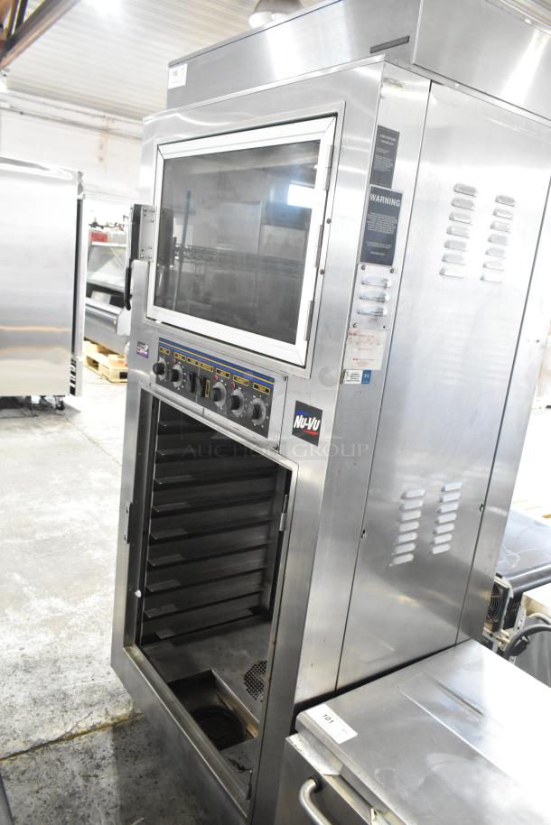 Nu Vu SUB-123 stainless steel oven proofer on casters, 240V, 3 phase. Features control panel and ventilation slots.