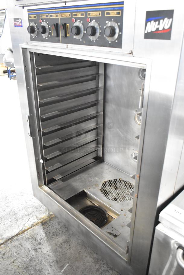 Nu Vu SUB-123 stainless steel commercial oven proofer, floor style, on casters, controls visible, 240V, 3 phase.