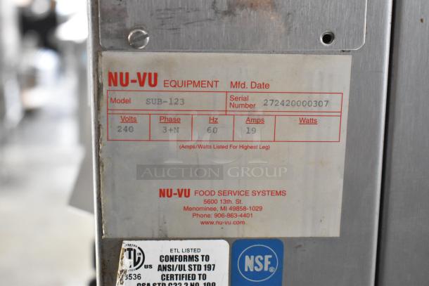 Nu Vu SUB-123 stainless steel oven proofer label, shows model, 240 volts, 3 phase, 19 amps, serial number 272420000307.