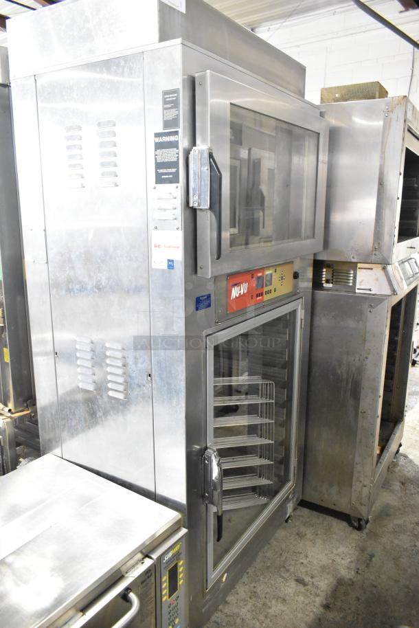 Nu Vu SUB-123P stainless steel commercial oven proofer on casters. Floor style, 208V, 3-phase. Visible controls and labels.