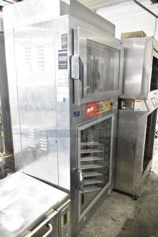 Nu Vu SUB-123P stainless steel commercial oven proofer on casters. Floor style, 208V, 3-phase. Visible controls and labels.